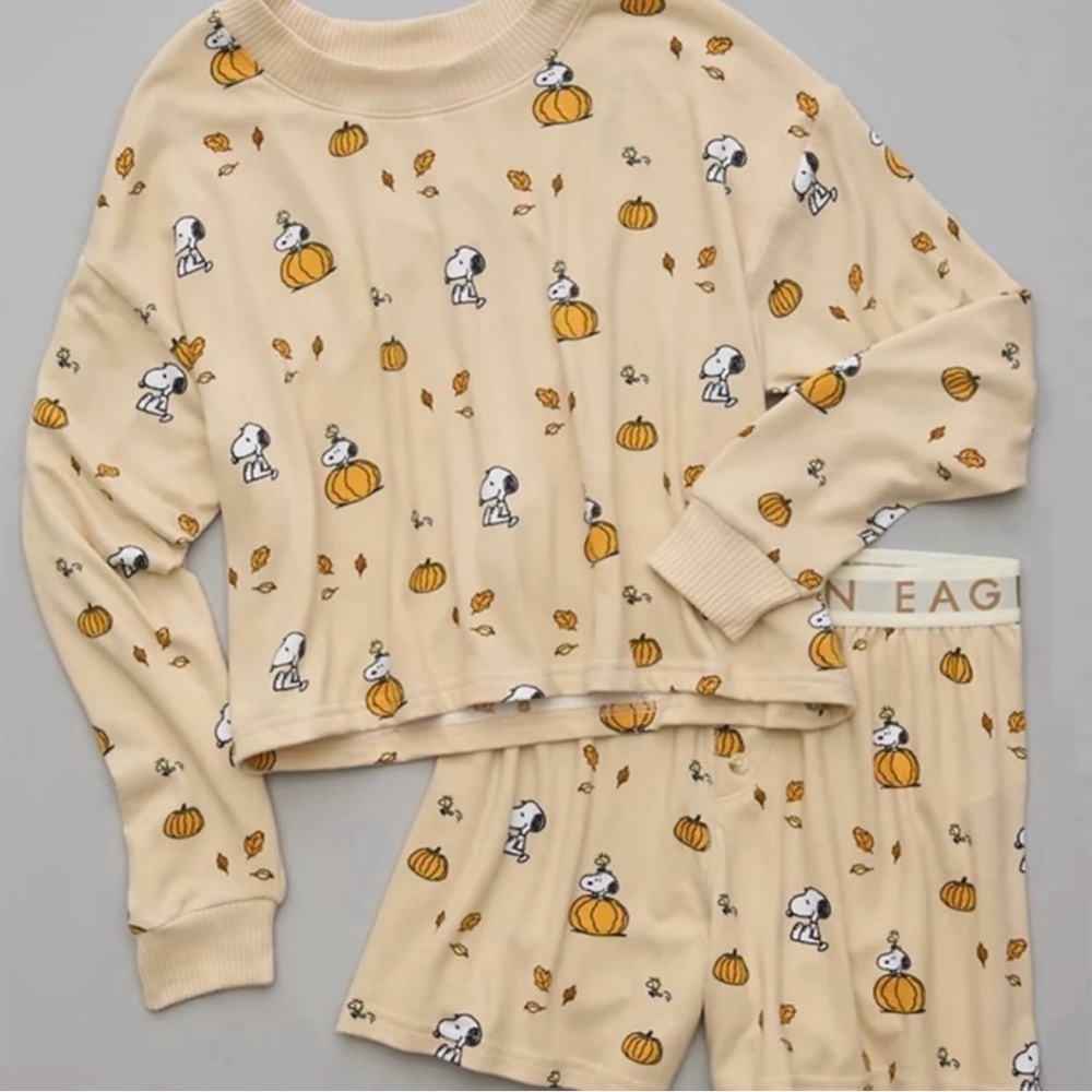 American Eagle AE x Peanuts Fall Pumpkin Snoopy Plush Pajama Set Size Small!!